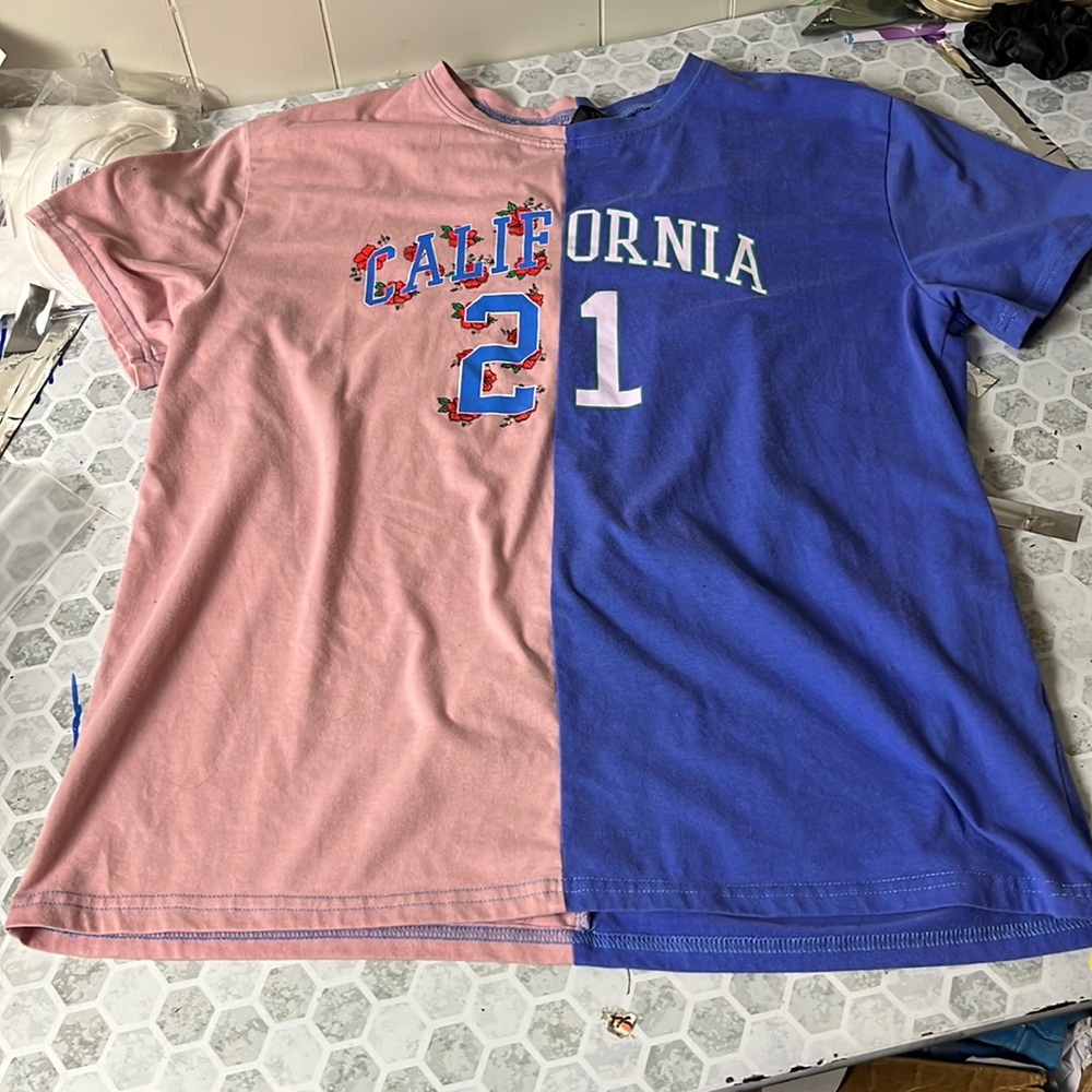 Romwe Medium Color Block Short Sleeve California 21 Graphic Two Tone T